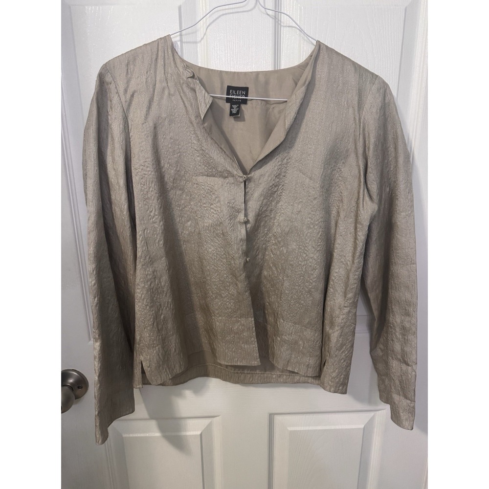 Eileen Fisher Petite Medium 100% Silk Taupe Textured Button Front Jacket Blouse